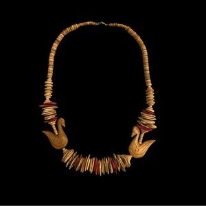 Vintage 30" Long Wooden Swan Coconut Chip Pieces & Beads Statement Necklace